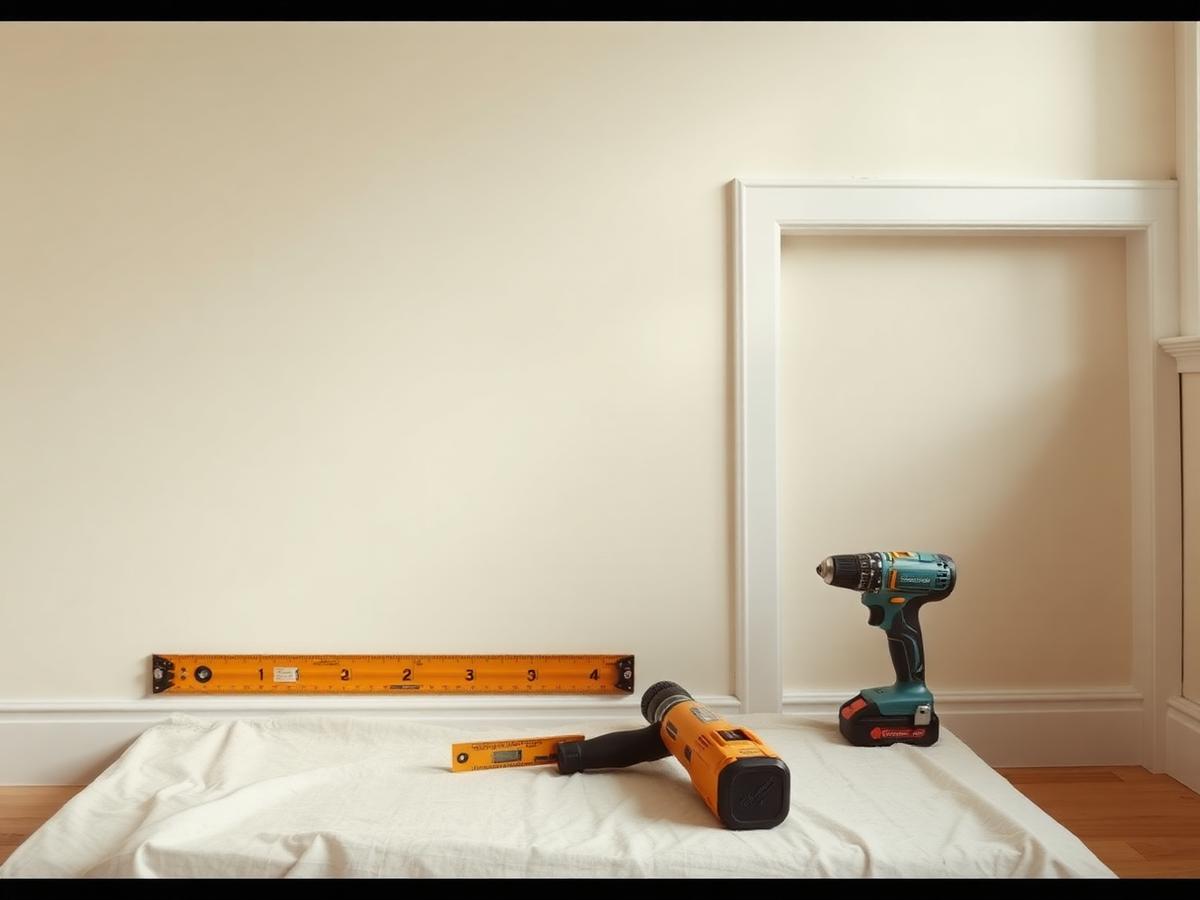 Smooth repaired drywall wall with freshly painted white trim and a level and drill on a drop cloth