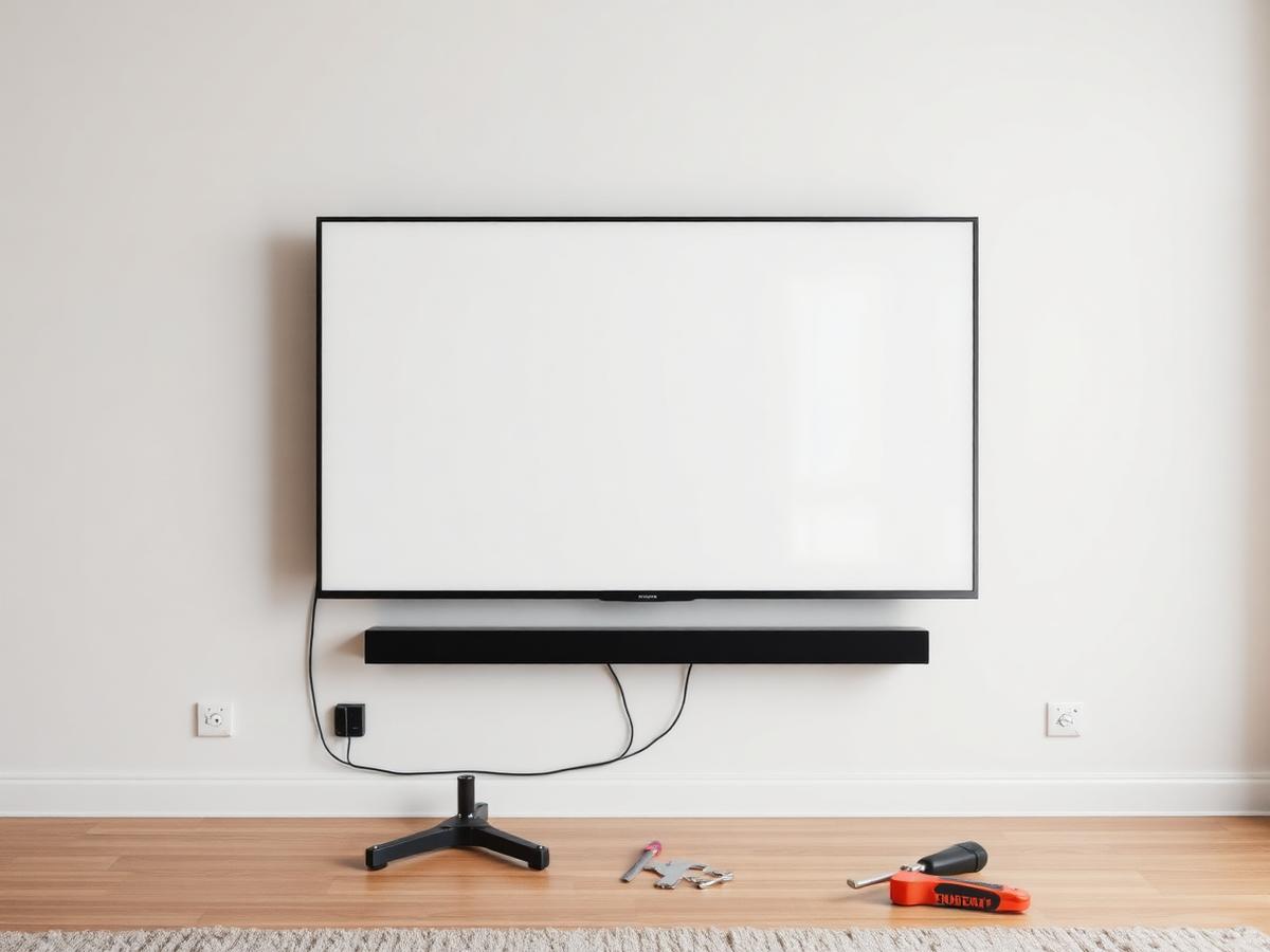 Flat-screen television mounted flush on a living room wall with cabling routed behind a soundbar