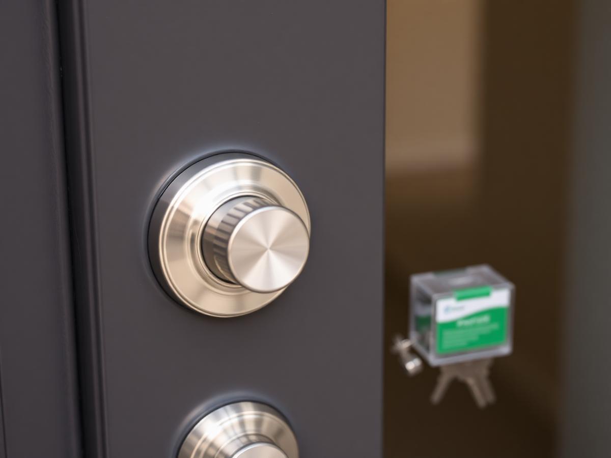 Brushed nickel deadbolt and lockset installed on a dark modern entry door